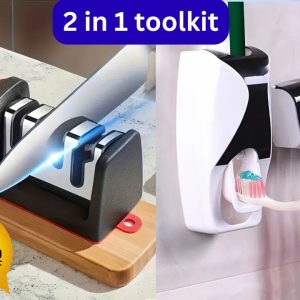 2 in combo of knife sharpener and toothpaste and brush holder/dispenser
